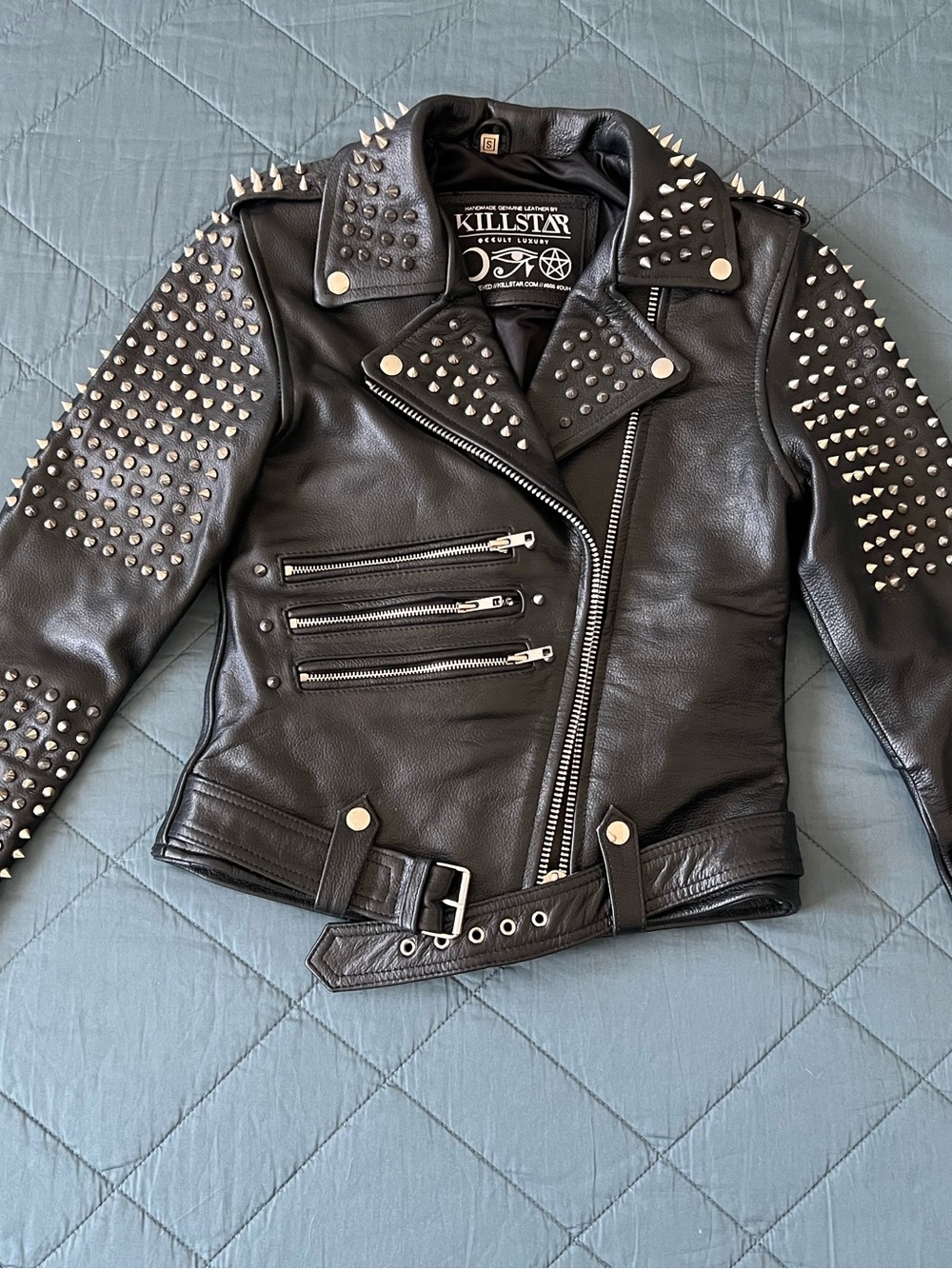 Killstar Black Studded Leather Moto Jacket with Belt